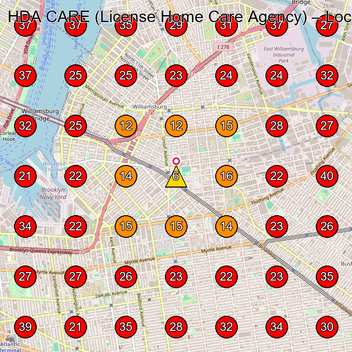 HDA CARE (License Home Care Agency) GeoGrid visibility map for Home Health Care Service in Brooklyn